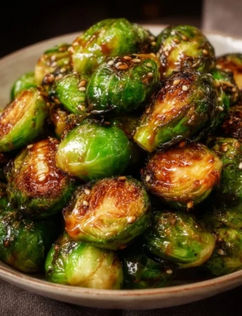Honey garlic roasted Brussels sprouts served in a bowl