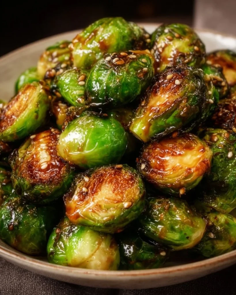 Honey garlic roasted Brussels sprouts served in a bowl