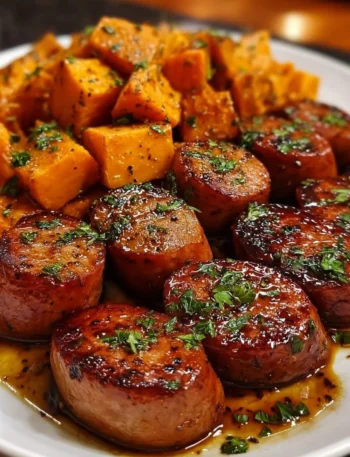 Honey garlic sausage served with roasted sweet potatoes on a plate.