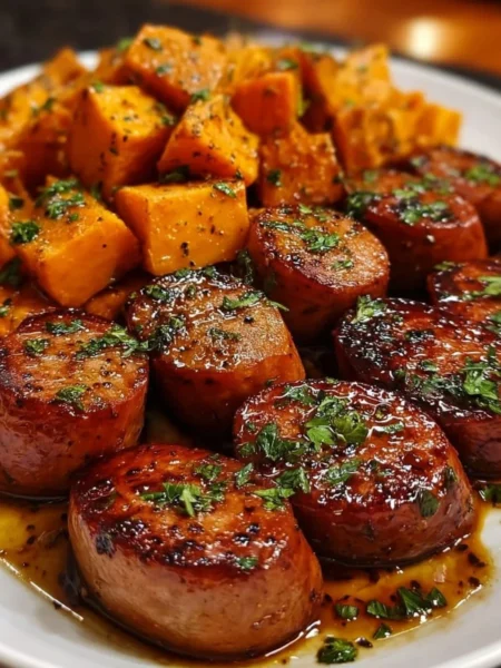 Honey garlic sausage served with roasted sweet potatoes on a plate.