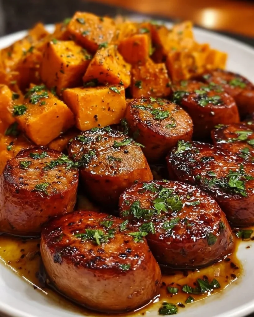 Honey garlic sausage served with roasted sweet potatoes on a plate.