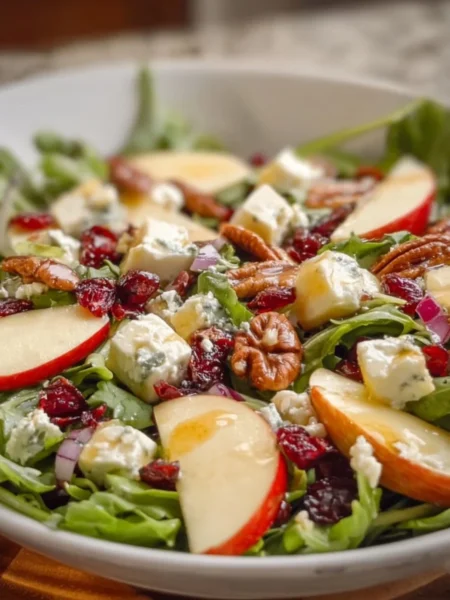 Honeycrisp Apple and Feta Salad with nuts and greens on a plate
