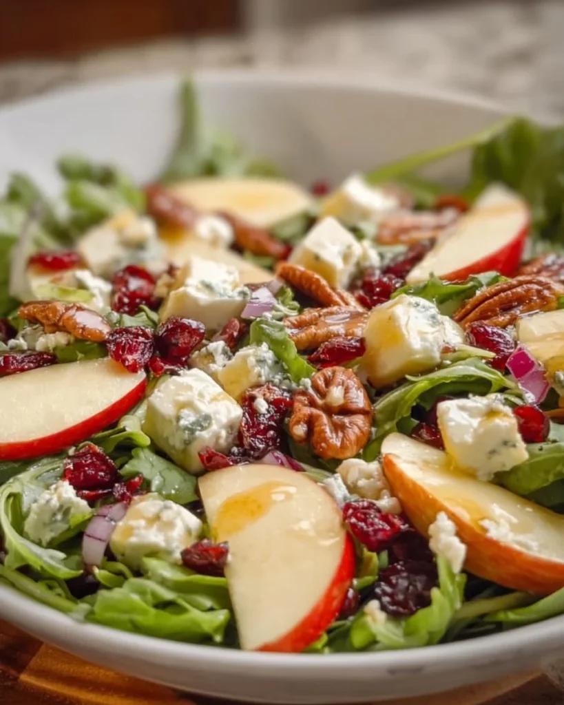 Honeycrisp Apple and Feta Salad with nuts and greens on a plate