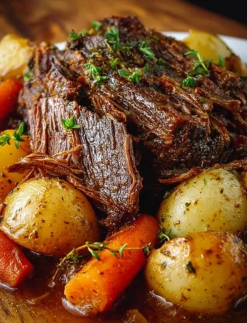 Delicious slow cooker pot roast being served with vegetables.
