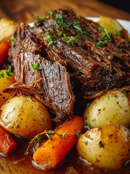 Delicious slow cooker pot roast being served with vegetables.