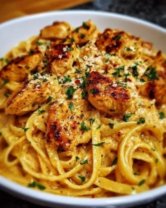 Easy Cowboy Butter Chicken Linguine served in a bowl with herbs and spices.