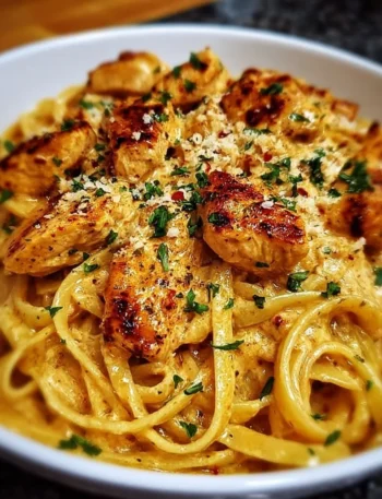 Easy Cowboy Butter Chicken Linguine served in a bowl with herbs and spices.