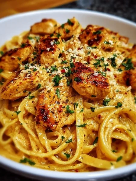 Easy Cowboy Butter Chicken Linguine served in a bowl with herbs and spices.