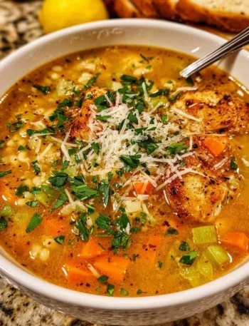 Bowl of Italian Penicillin Soup with fresh herbs and vegetables