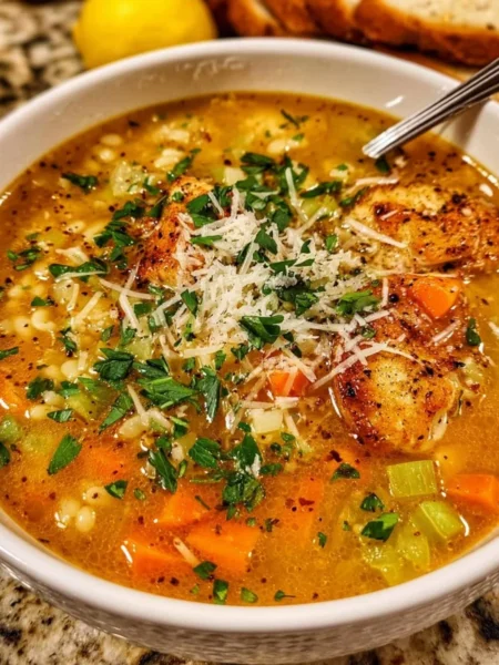 Bowl of Italian Penicillin Soup with fresh herbs and vegetables