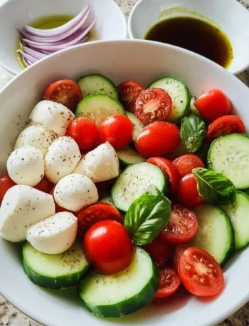 Juicy Cucumber Caprese Salad with mozzarella and fresh tomatoes