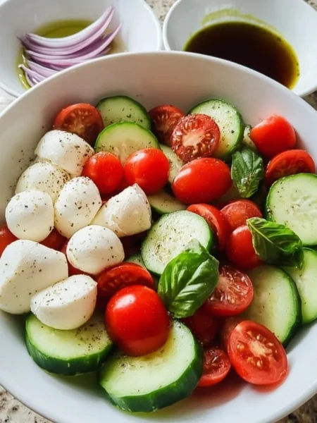 Juicy Cucumber Caprese Salad with mozzarella and fresh tomatoes