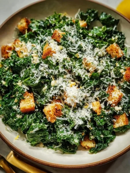 Lemon Parm Kale Salad with fresh ingredients and cheese on a plate