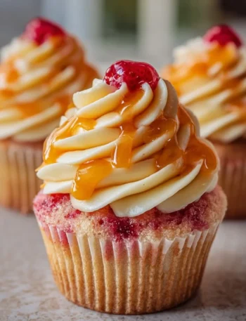 Mango Strawberry Cupcakes topped with fresh fruit and cream