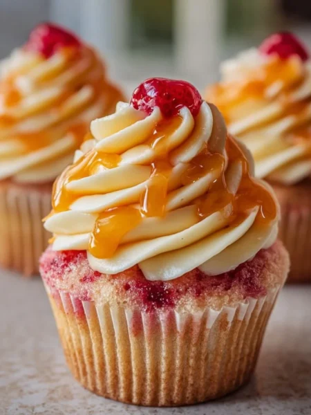 Mango Strawberry Cupcakes topped with fresh fruit and cream