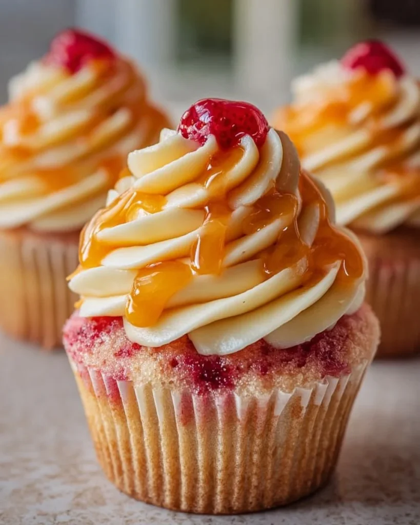Mango Strawberry Cupcakes topped with fresh fruit and cream