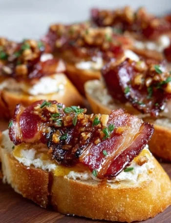 Million Dollar Bacon Crostini topped with crispy bacon and creamy spread
