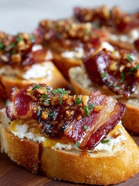 Million Dollar Bacon Crostini topped with crispy bacon and creamy spread