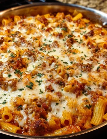 Delicious Million Dollar Baked Ziti topped with cheesy goodness