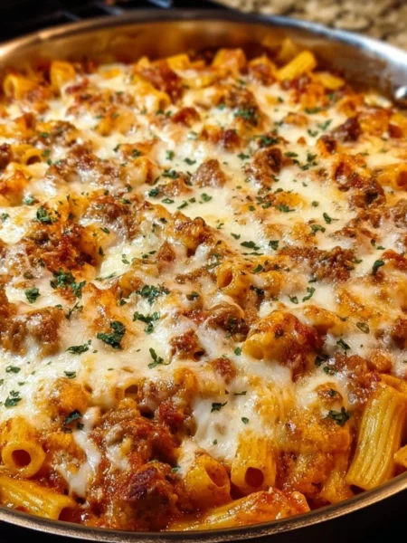 Delicious Million Dollar Baked Ziti topped with cheesy goodness