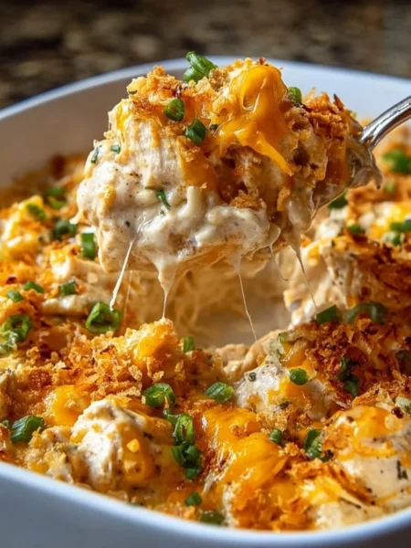 Delicious Million Dollar Chicken Casserole in a baking dish