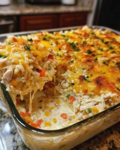 Delicious Million Dollar Chicken Casserole topped with crispy layers in a baking dish