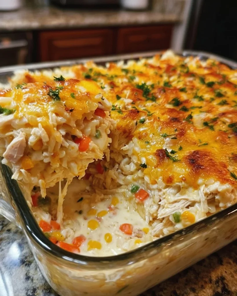 Delicious Million Dollar Chicken Casserole topped with crispy layers in a baking dish