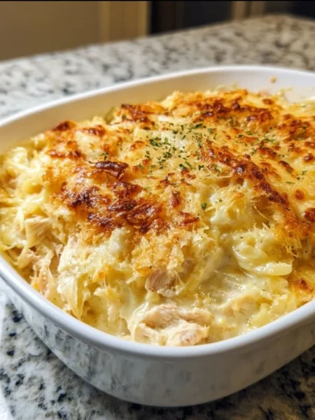 A creamy and cheesy Million Dollar Chicken Casserole dish garnished with fresh herbs.
