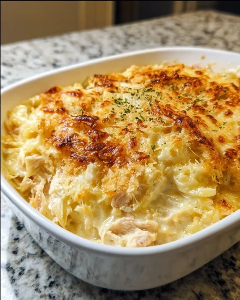 A creamy and cheesy Million Dollar Chicken Casserole dish garnished with fresh herbs.
