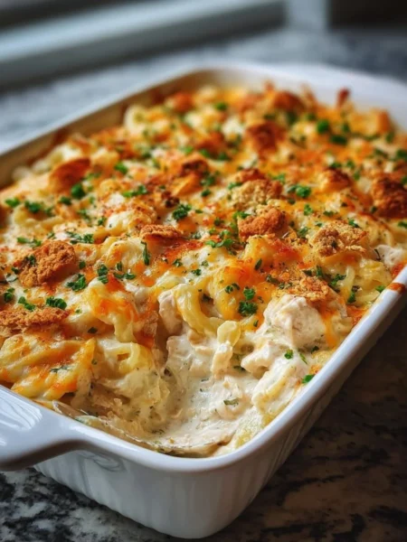 Million Dollar Chicken Casserole topped with crispy breadcrumbs and cheese