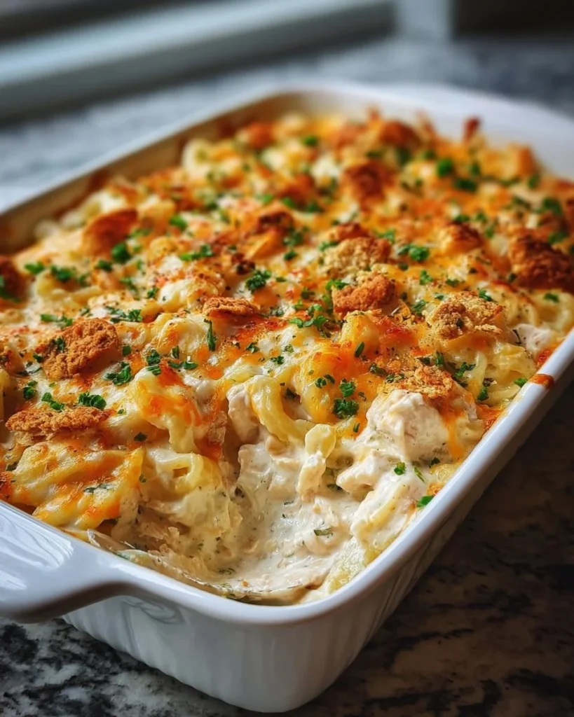 Million Dollar Chicken Casserole topped with crispy breadcrumbs and cheese