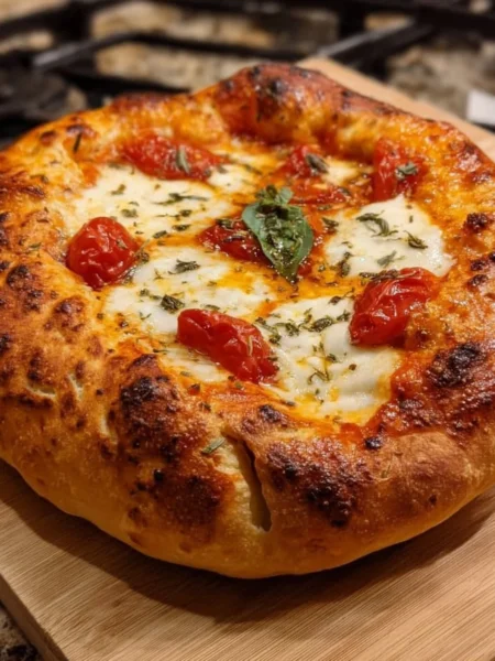 Homemade Neapolitan pizza dough preparation with fresh ingredients.