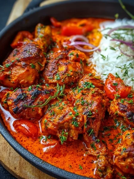 Bowl of delicious Nigerian Chicken Stew with fresh vegetables and spices