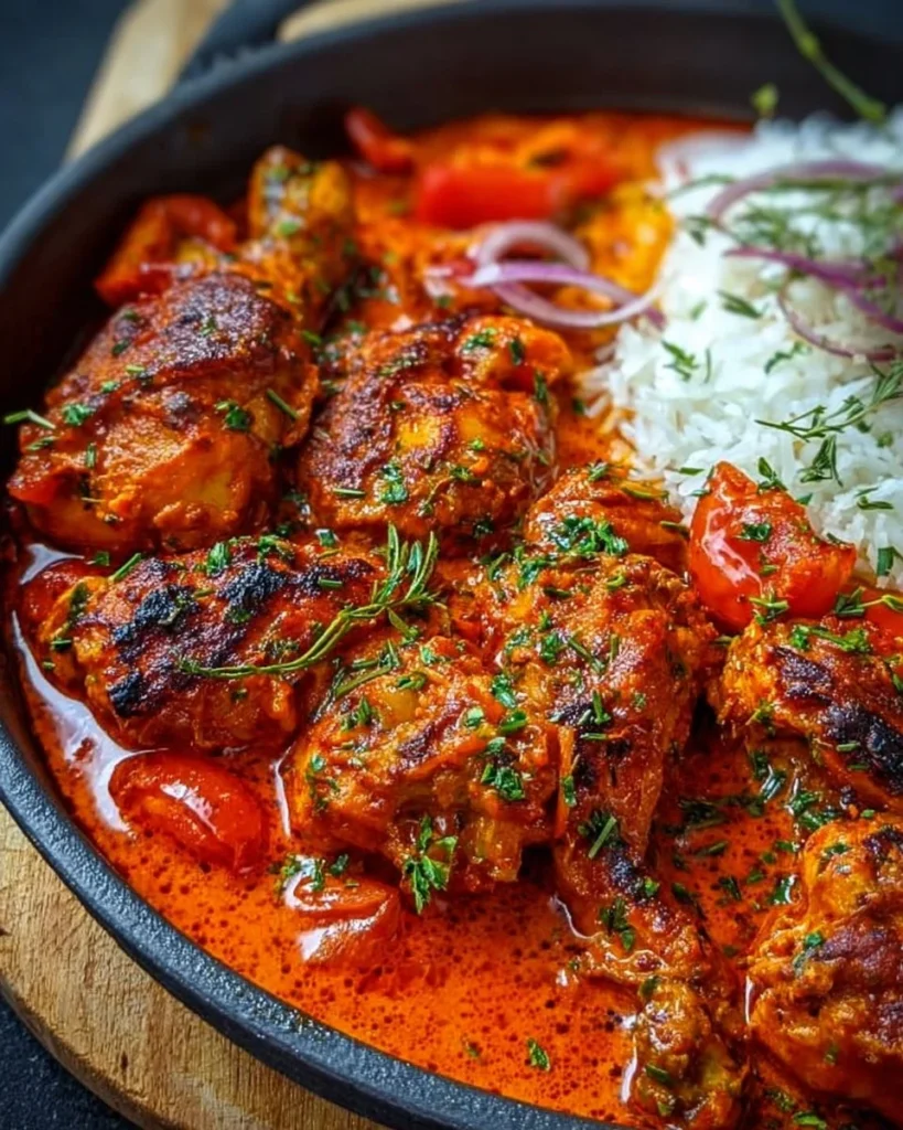 Bowl of delicious Nigerian Chicken Stew with fresh vegetables and spices