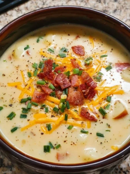 Bowl of rich and creamy Outback potato soup topped with chives