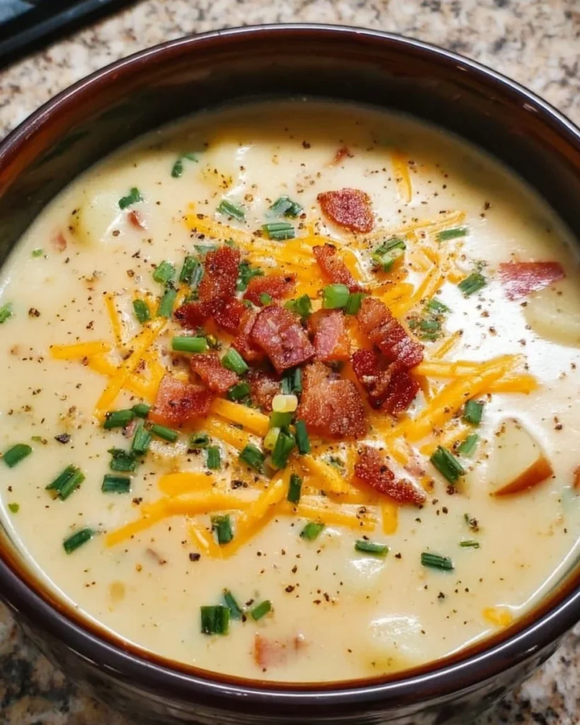 Bowl of rich and creamy Outback potato soup topped with chives