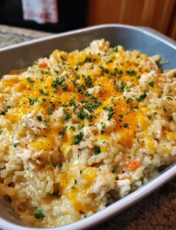 Pioneer Woman chicken rice casserole served in a dish, ready to eat.