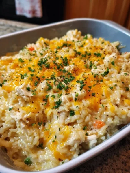 Pioneer Woman chicken rice casserole served in a dish, ready to eat.