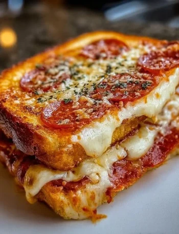 Delicious Pizza Grilled Cheese sandwich with melted cheese and pizza toppings