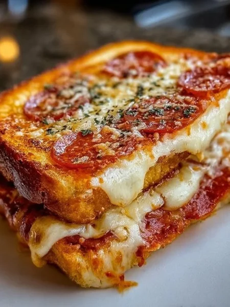 Delicious Pizza Grilled Cheese sandwich with melted cheese and pizza toppings