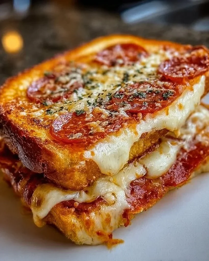 Delicious Pizza Grilled Cheese sandwich with melted cheese and pizza toppings