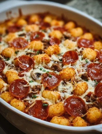 Delicious Pizza Tot Casserole topped with cheese and pepperoni in a baking dish