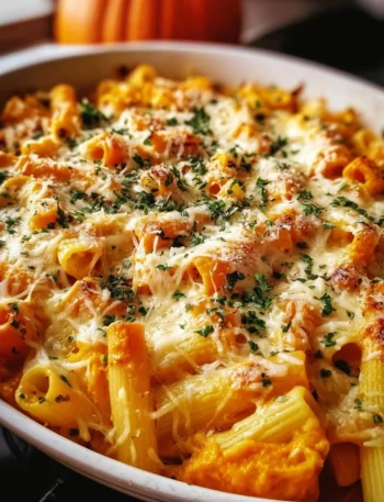 Creamy Pumpkin Pasta Bake topped with herbs in a baking dish