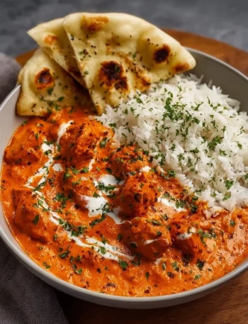 Bowl of homemade butter chicken garnished with cilantro and served with rice