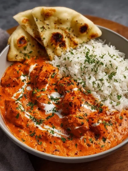 Bowl of homemade butter chicken garnished with cilantro and served with rice