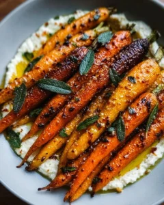 Plate of roasted carrots topped with whipped ricotta and hot honey