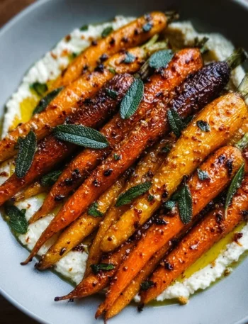 Plate of roasted carrots topped with whipped ricotta and hot honey