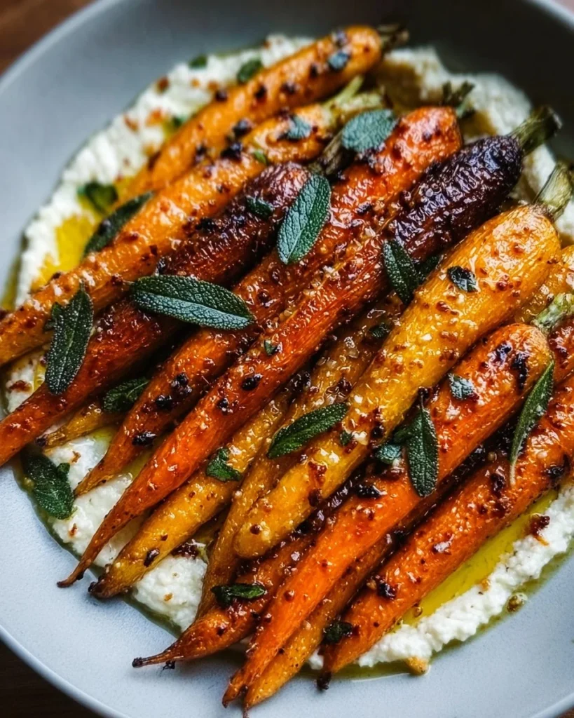 Plate of roasted carrots topped with whipped ricotta and hot honey