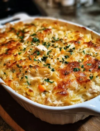 Delicious rotisserie chicken casserole topped with melted cheese and herbs