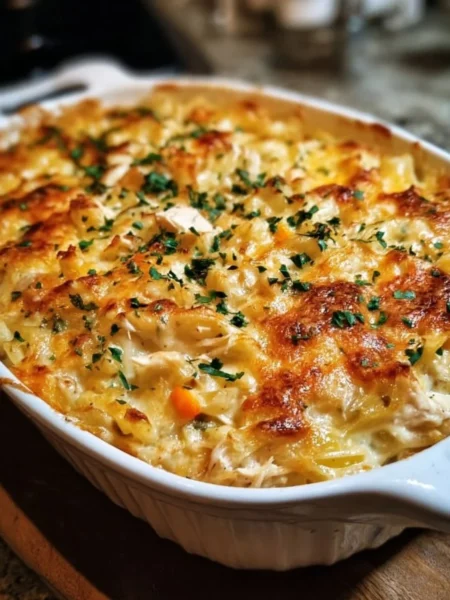 Delicious rotisserie chicken casserole topped with melted cheese and herbs